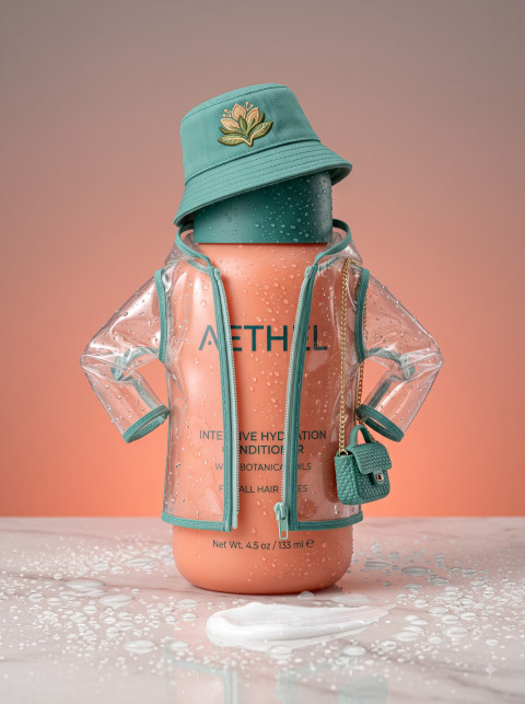 Conditioner Bottle in Raincoat and Bucket Hat on Marble