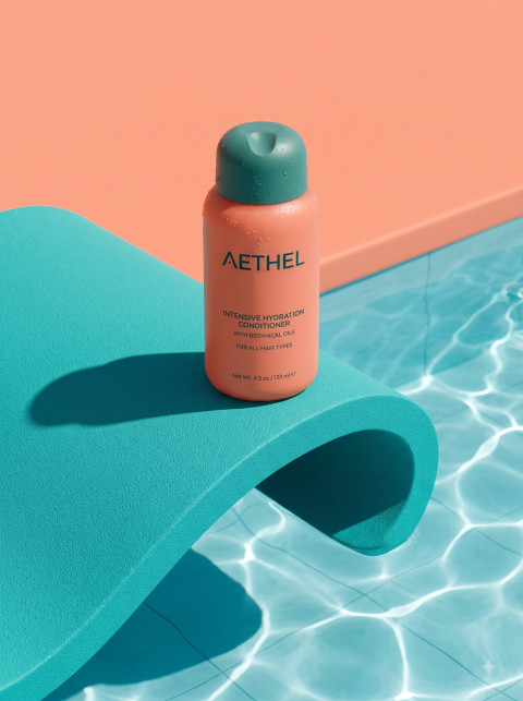 Conditioner Bottle on Pool Float with Water Caustics