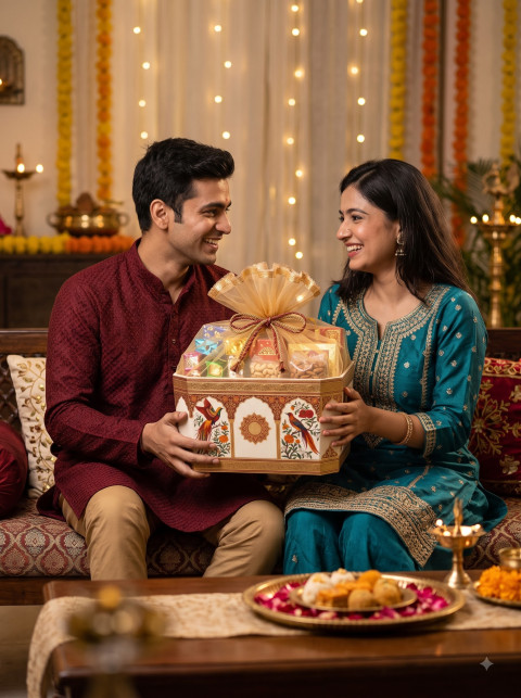 Couple Celebrating with Festive Hamper AI Product Photography Prompt Living Room Decor