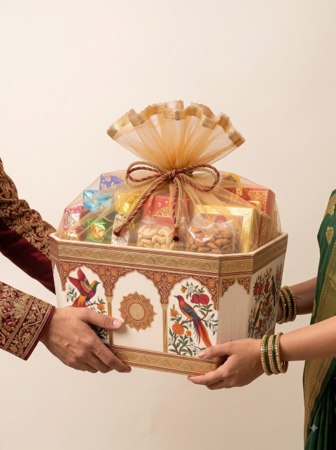 Couple Exchanging Festive Gift Hamper AI Product Photography Prompt Studio Commercial