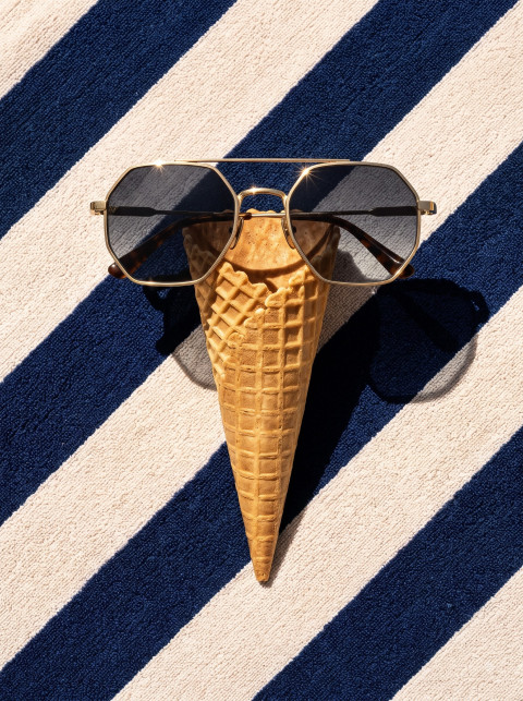 Creative Flat Lay AI Product Photography Prompt Waffle Cone Sunglasses