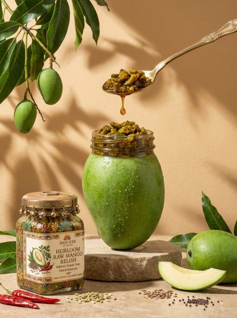 Creative Surreal Food Product Photography Prompt Mango Shaped Pickle Jar with Dripping Spoon