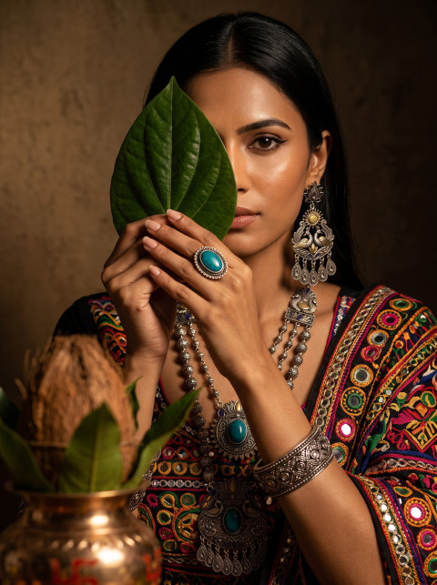 Cultural Portrait with Betel Leaf & Silver Jewelry AI Fashion Photography Prompt Studio Close-Up