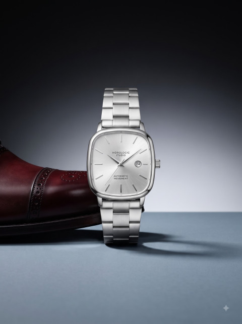 Cushion Watch and Classic Brogue Shoe AI Editorial Product Photography Prompt Menswear Style