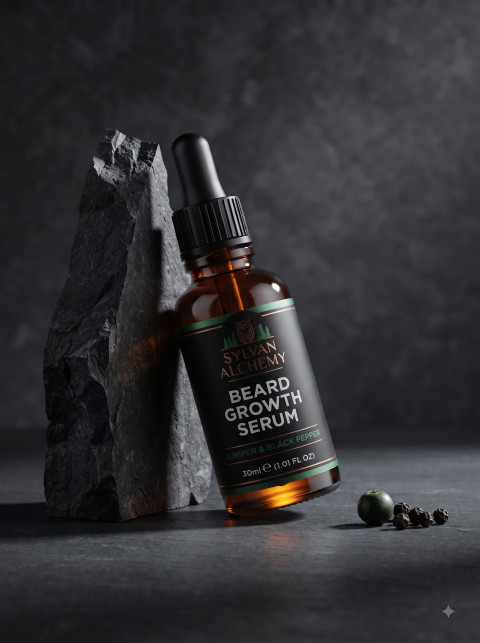Dark Luxury Beard Growth Serum AI Product Photography Prompt Slate Monolith Set