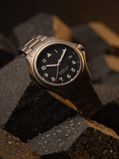Dark Moody Product Photography Prompt Titanium Automatic Watch on Wet Volcanic Rock