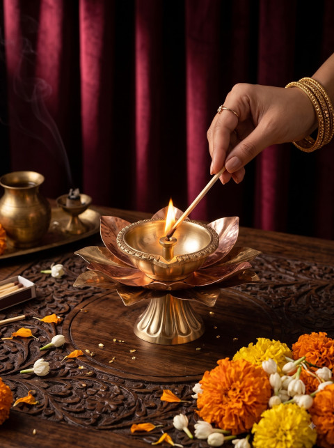 Decorative Diya Action Product Photography Prompt Lighting Oil Lamp
