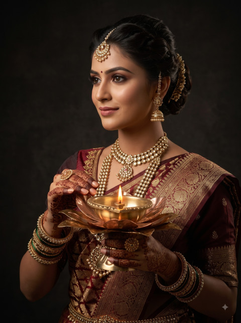 Decorative Diya Editorial Product Photography Prompt Traditional Festive Saree