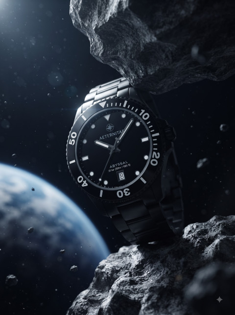 Matte Black Dive Watch Editorial Commercial Photoshoot Prompts - Angle 3