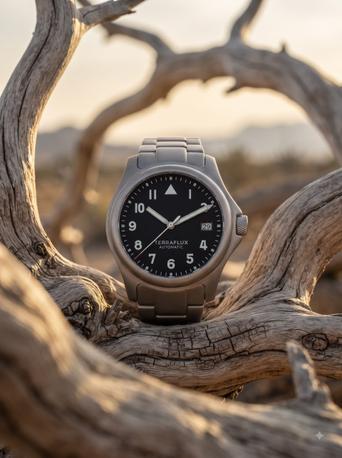 Desert Exploration Product Photography Prompt Titanium Watch Framed by Sun-Bleached Wood