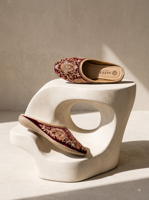 Designer Ethnic Mules Organic Concrete Plinth Commercial Product Photography Prompt