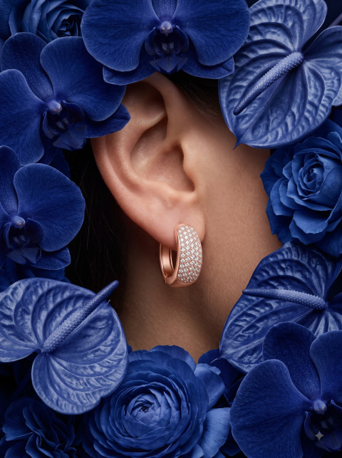 Diamond Huggie Earrings AI Creative Product Photography Prompt Cobalt Floral Frame