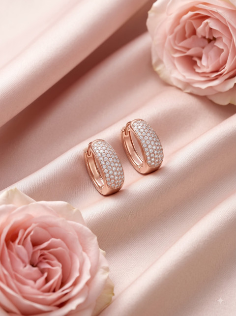 Diamond Huggie Earrings on Pink Satin AI Commercial Flat Lay Photography Prompt