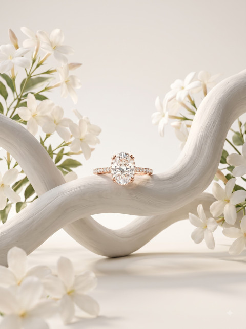 Diamond Solitaire Ring AI Organic Nature Product Photography Prompt White Jasmine Vine
