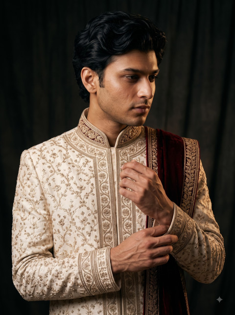 Dramatic Low-Key Groom Portrait in Ornate Sherwani AI Product Photography Prompt