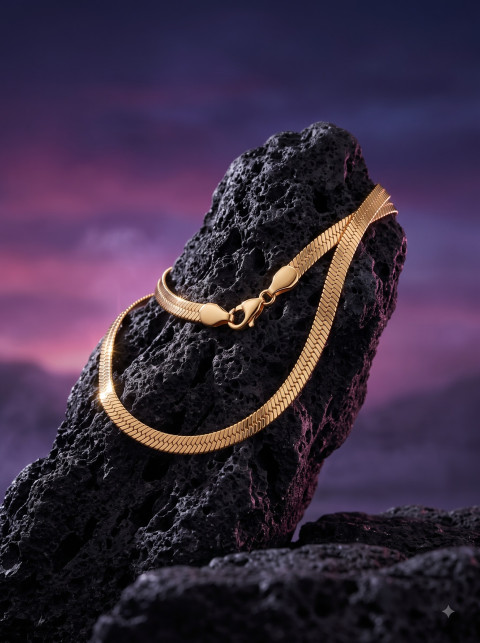 Dramatic Outdoor Gold Chain Commercial Product Photography Prompt Volcanic Basalt Rock