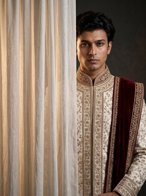 Mens Embroidered Raw Silk Groom Sherwani AI Fashion Photography Prompts - Angle 3
