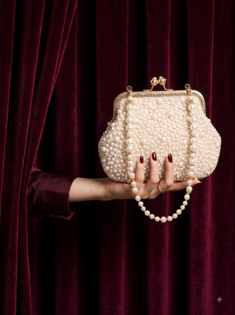 Dramatic Velvet Backdrop Pearl Clutch AI Editorial Product Photography Prompt