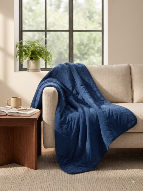 Draped Weighted Blanket Lifestyle Product Photography Prompt Cozy Afternoon Living Room