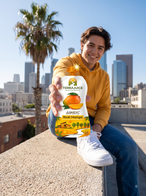 Drink Pouch in Hand on Urban Rooftop Lifestyle Shot