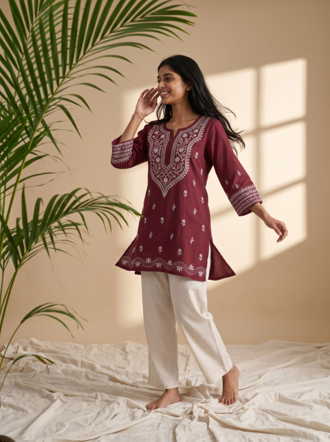 AI Chikankari Kurta Set Photography Prompts | Maroon & Cream Ethnic Wear - Primary Shot