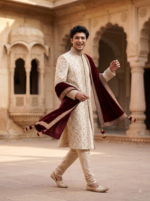 Dynamic Walking Groom in Royal Sherwani AI Lifestyle Fashion Photography Prompt