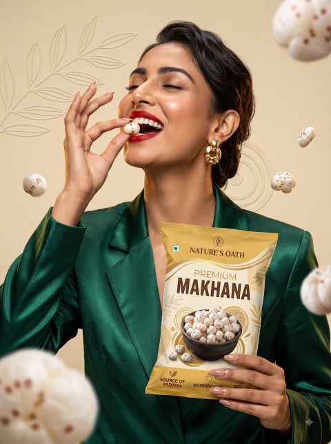 Editorial Fashion Food Product Photography Prompt Woman in Green Blazer Snacking
