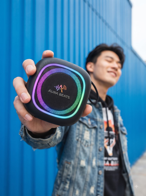 RGB Bluetooth Speaker Commercial Studio and Lifestyle Photoshoot Prompts - Angle 3