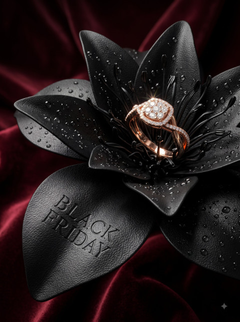 Editorial Jewelry AI Product Photography Prompt Black Friday Diamond Ring Leather Flower 
