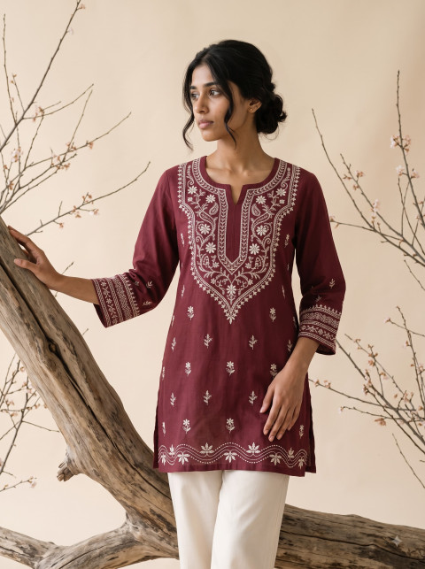 AI Chikankari Kurta Set Photography Prompts | Maroon & Cream Ethnic Wear - Angle 3