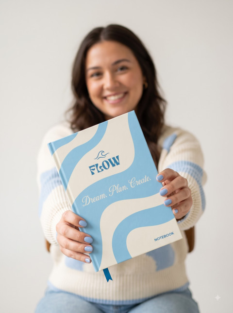 Editorial Lifestyle Product Photography Prompt Smiling Female Holding Hardcover Notebook Facing Camera