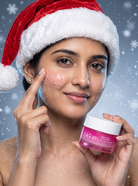Editorial Portrait AI Product Photography Prompt Christmas Moisturizer Falling Snow