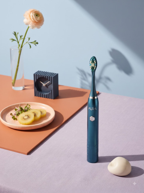 Electric Toothbrush AI Editorial Still Life Product Photography Prompt Morning Wellness Aesthetic
