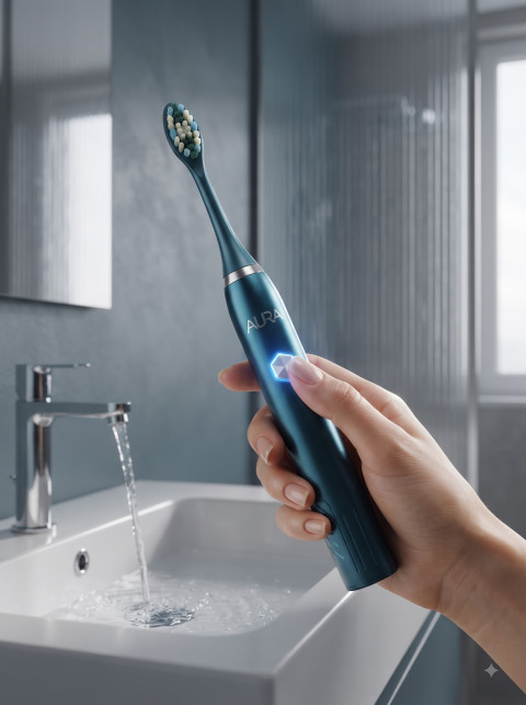 Electric Toothbrush AI Hand Model Product Photography Prompt Modern Bathroom Sink