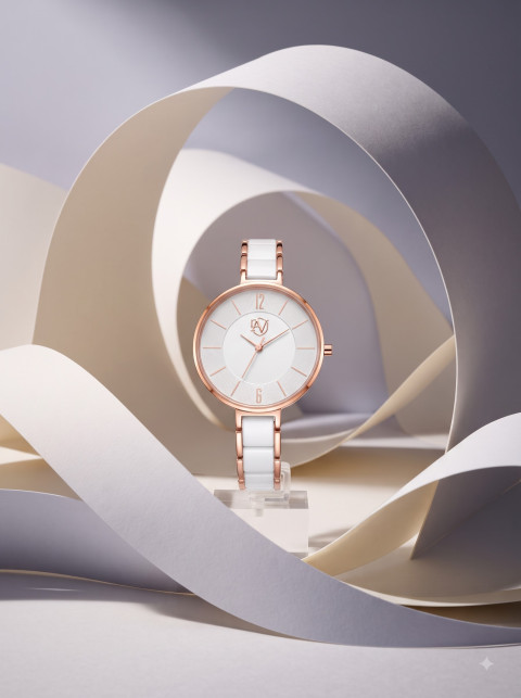 Luxury Women Ceramic Watch Commercial Photoshoot Prompts - Angle 2
