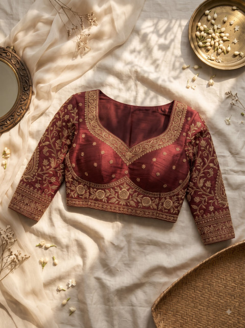 Bridal Embroidered Raw Silk Blouse & Lehenga AI Fashion Photography Prompts - Angle 2