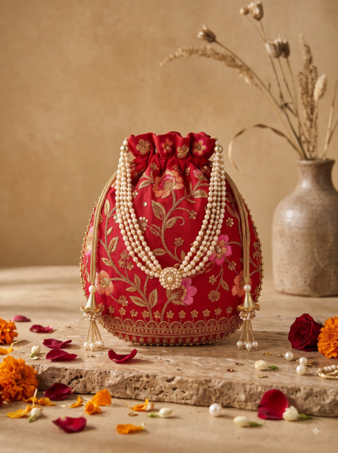 Embroidered Red Bridal Potli Bag AI Commercial Still Life Product Photography Prompt