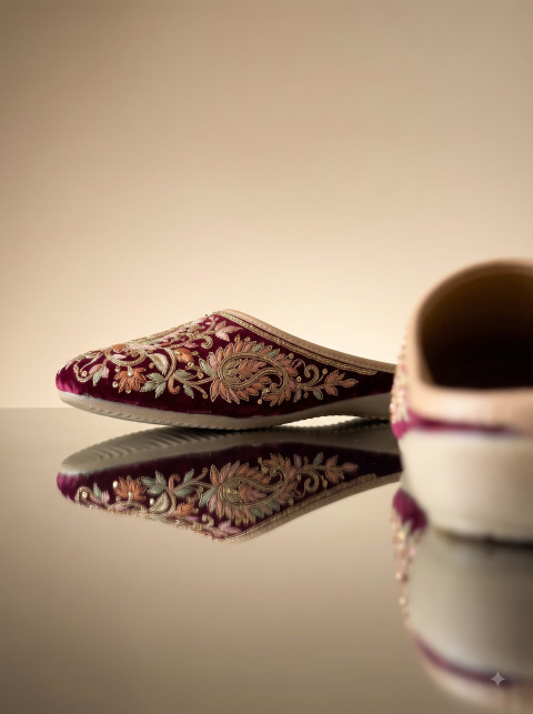 Embroidered Velvet Mule Glass Mirror Studio Product Photography Prompt