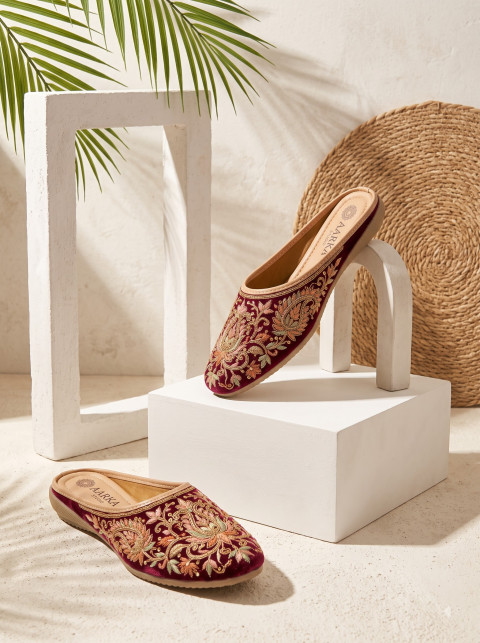 AI Ethnic Velvet Footwear Photography Prompts & Maroon Embellished Jutti Studio Collection - Primary Shot