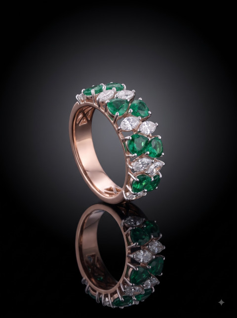 Emerald Ring Hero Shot on Black Reflective Surface