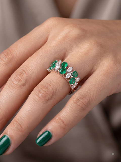 Emerald Ring Macro Shot on Hand with Green Manicure