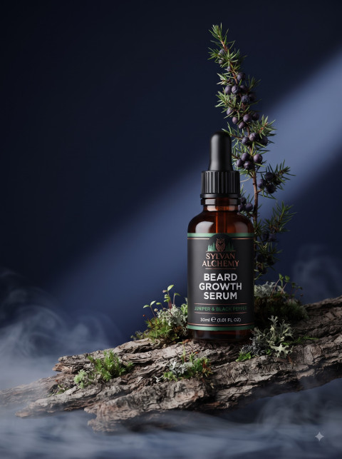 Ethereal Forest Beard Serum AI Product Photography Prompt Misty Botanical Display