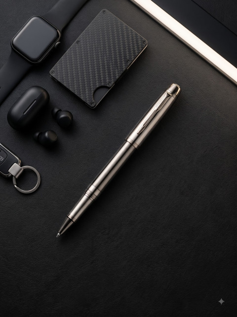 Executive EDC Rollerball Pen Tech Flat Lay Product Photography Prompt Carbon Fiber