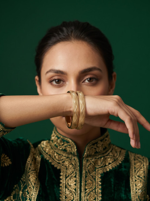 Female Portrait Hand Over Face Gold Bangles Commercial Photography Prompt