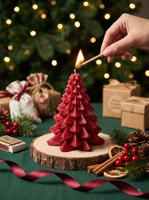 Festive Candle Lifestyle Product Photography Prompt Hand Lighting Match