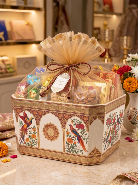 Festive Gift Hamper AI Product Photography Prompt Regal Heritage Packaging