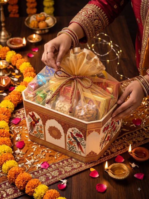 Festive Gift Hamper Ribbon Detailing AI Product Photography Prompt Traditional Tabletop