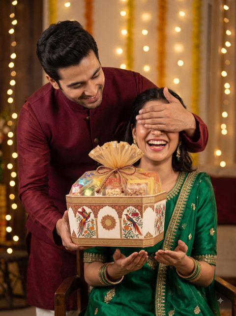 Festive Gift Hamper Surprise Reveal AI Product Photography Prompt Candid Couple Moment