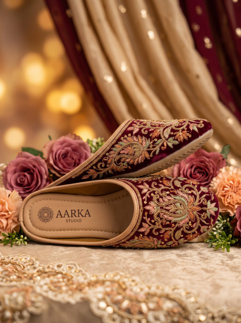 AI Ethnic Velvet Footwear Photography Prompts & Maroon Embellished Jutti Studio Collection - Angle 3