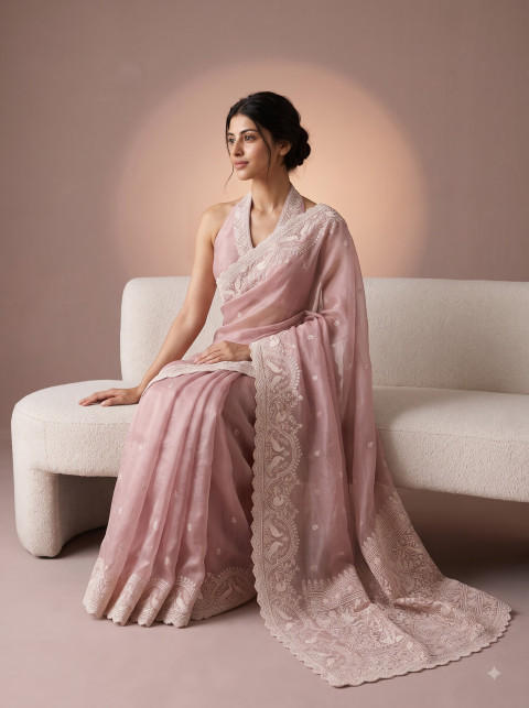 Festive Saree Luxury Editorial Product Photography Prompt Boucle Couch Pose Mockup